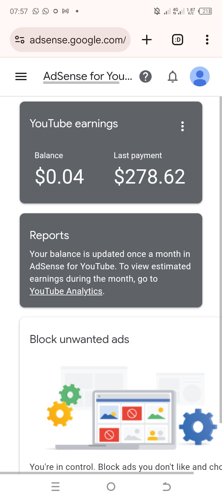 Payment Received YouTube Adsense Dashboard