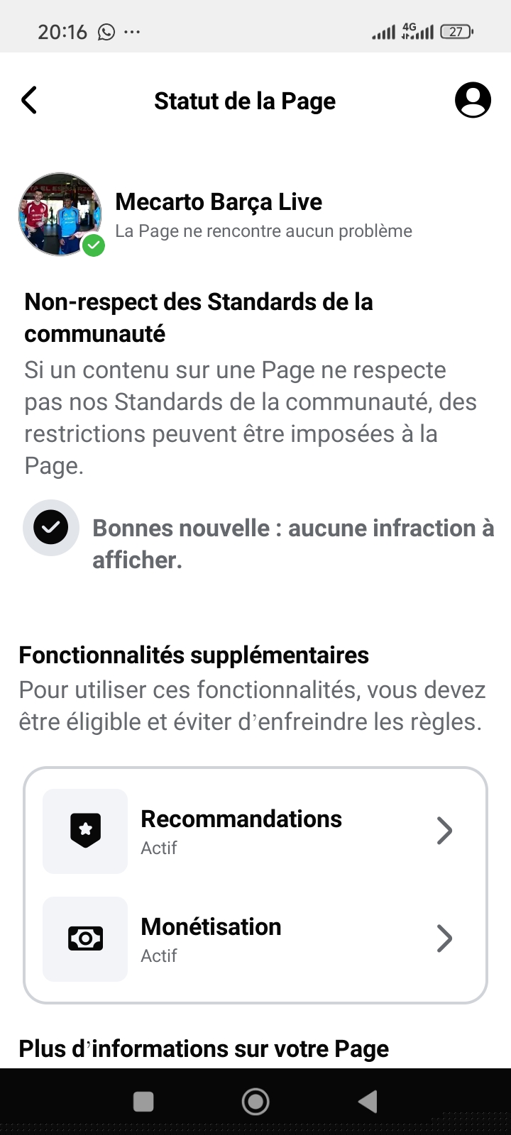 Page Facebook foot -Barça, monétisation actifs ,o restriction